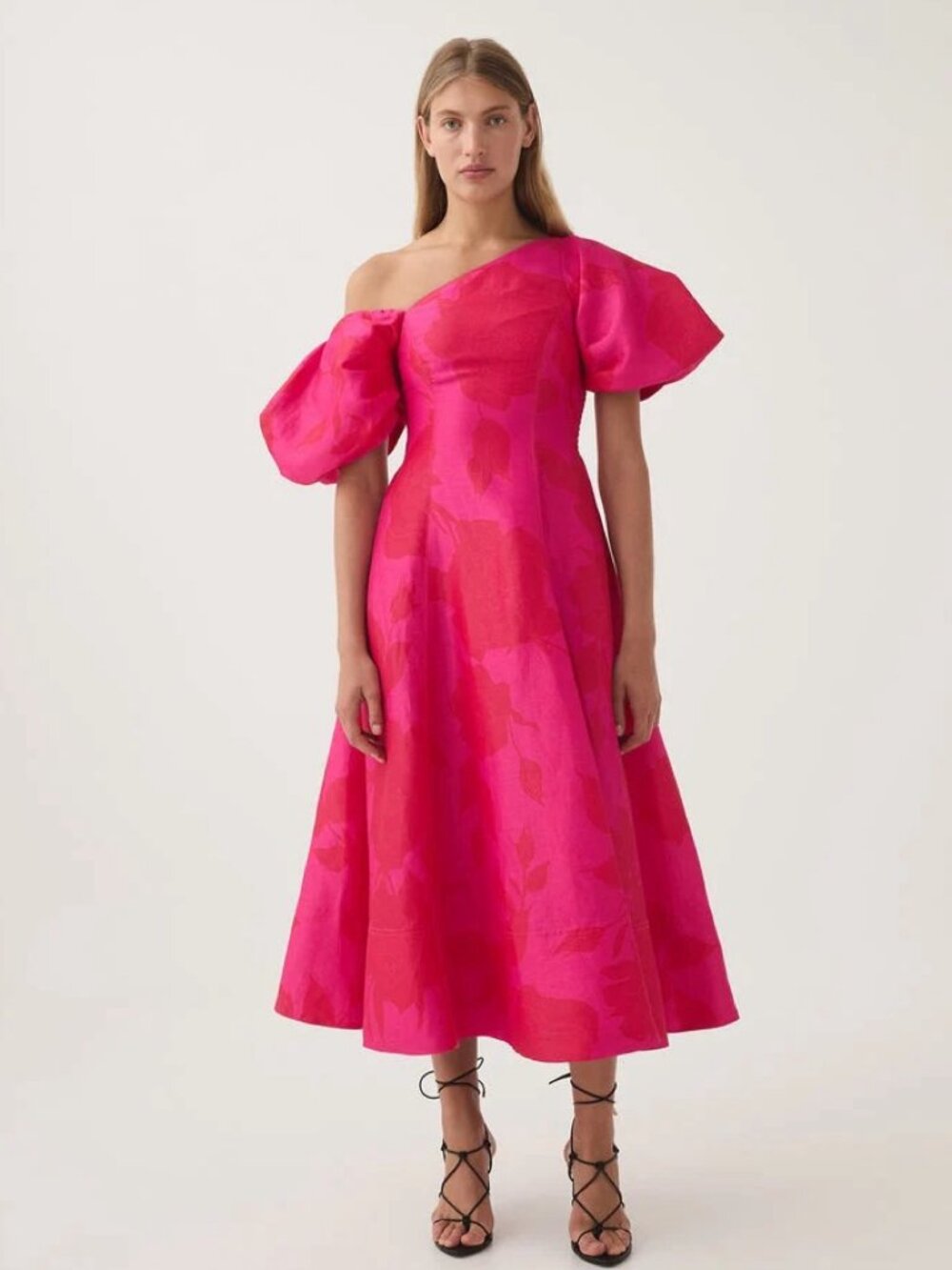 Aje Arista Tulip Sleeve Midi Dress in Florescent Rose Pink